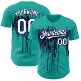 Custom Aqua White-Navy 3D Pattern Design Dripping Splatter Paint Authentic Baseball Jersey