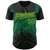 Custom Black Kelly Green-Yellow 3D Pattern Design Abstract Splatter Grunge Paint Authentic Baseball Jersey