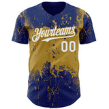 Custom Royal White-Old Gold 3D Pattern Design Abstract Splatter Grunge Paint Authentic Baseball Jersey