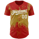 Custom Red White-Old Gold 3D Pattern Design Abstract Splatter Grunge Paint Authentic Baseball Jersey