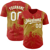 Custom Red White-Old Gold 3D Pattern Design Abstract Splatter Grunge Paint Authentic Baseball Jersey