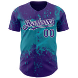 Custom Purple Teal-White 3D Pattern Design Abstract Splatter Grunge Paint Authentic Baseball Jersey
