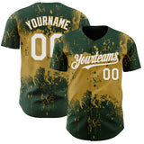 Custom Green White-Old Gold 3D Pattern Design Abstract Splatter Grunge Paint Authentic Baseball Jersey
