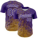 Custom Purple Old Gold-White 3D Pattern Design Abstract Fragment Splatter Authentic Baseball Jersey