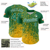 Custom Kelly Green Gold-White 3D Pattern Design Abstract Fragment Splatter Authentic Baseball Jersey