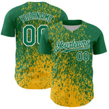 Custom Kelly Green Gold-White 3D Pattern Design Abstract Fragment Splatter Authentic Baseball Jersey