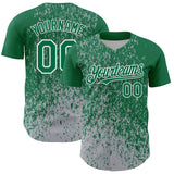 Custom Kelly Green Gray-White 3D Pattern Design Abstract Fragment Splatter Authentic Baseball Jersey