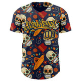 Custom Navy Gold Sugar Skull Day of the Dead Mexican Folk Art Authentic Baseball Jersey