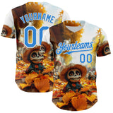 Custom White Electric Blue Sugar Skull Day of the Dead Mexican Folk Art Authentic Baseball Jersey