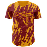 Custom Crimson Gold 3D Pattern Design Splatter Torn Sharp Brush Stroke Authentic Baseball Jersey