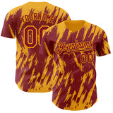 Custom Crimson Gold 3D Pattern Design Splatter Torn Sharp Brush Stroke Authentic Baseball Jersey