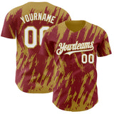 Custom Crimson White-Old Gold 3D Pattern Design Splatter Torn Sharp Brush Stroke Authentic Baseball Jersey
