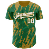 Custom Kelly Green White-Old Gold 3D Pattern Design Splatter Torn Sharp Brush Stroke Authentic Baseball Jersey