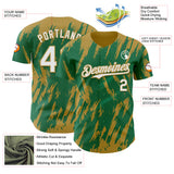 Custom Kelly Green White-Old Gold 3D Pattern Design Splatter Torn Sharp Brush Stroke Authentic Baseball Jersey