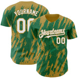 Custom Kelly Green White-Old Gold 3D Pattern Design Splatter Torn Sharp Brush Stroke Authentic Baseball Jersey