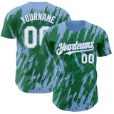 Custom Kelly Green White-Light Blue 3D Pattern Design Splatter Torn Sharp Brush Stroke Authentic Baseball Jersey