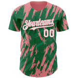 Custom Kelly Green White-Medium Pink 3D Pattern Design Splatter Torn Sharp Brush Stroke Authentic Baseball Jersey