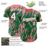 Custom Kelly Green White-Medium Pink 3D Pattern Design Splatter Torn Sharp Brush Stroke Authentic Baseball Jersey