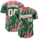 Custom Kelly Green White-Medium Pink 3D Pattern Design Splatter Torn Sharp Brush Stroke Authentic Baseball Jersey