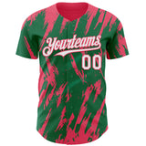 Custom Kelly Green White-Neon Pink 3D Pattern Design Splatter Torn Sharp Brush Stroke Authentic Baseball Jersey
