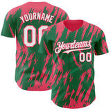 Custom Kelly Green White-Neon Pink 3D Pattern Design Splatter Torn Sharp Brush Stroke Authentic Baseball Jersey