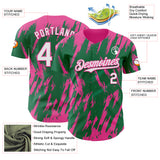 Custom Kelly Green White-Pink 3D Pattern Design Splatter Torn Sharp Brush Stroke Authentic Baseball Jersey
