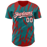 Custom Teal White-Red 3D Pattern Design Splatter Torn Sharp Brush Stroke Authentic Baseball Jersey