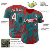 Custom Teal White-Red 3D Pattern Design Splatter Torn Sharp Brush Stroke Authentic Baseball Jersey