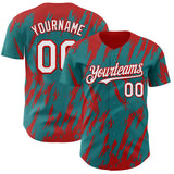 Custom Teal White-Red 3D Pattern Design Splatter Torn Sharp Brush Stroke Authentic Baseball Jersey