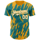 Custom Teal White-Gold 3D Pattern Design Splatter Torn Sharp Brush Stroke Authentic Baseball Jersey