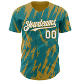 Custom Teal White-Old Gold 3D Pattern Design Splatter Torn Sharp Brush Stroke Authentic Baseball Jersey