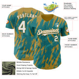 Custom Teal White-Old Gold 3D Pattern Design Splatter Torn Sharp Brush Stroke Authentic Baseball Jersey