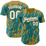 Custom Teal White-Old Gold 3D Pattern Design Splatter Torn Sharp Brush Stroke Authentic Baseball Jersey