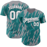 Custom Teal White-Gray 3D Pattern Design Splatter Torn Sharp Brush Stroke Authentic Baseball Jersey