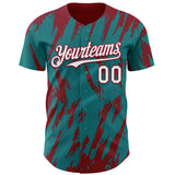 Custom Teal White-Crimson 3D Pattern Design Splatter Torn Sharp Brush Stroke Authentic Baseball Jersey