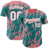 Custom Teal White-Medium Pink 3D Pattern Design Splatter Torn Sharp Brush Stroke Authentic Baseball Jersey
