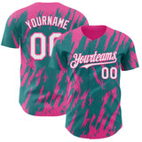 Custom Teal White-Pink 3D Pattern Design Splatter Torn Sharp Brush Stroke Authentic Baseball Jersey