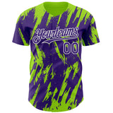 Custom Purple White-Neon Green 3D Pattern Design Splatter Torn Sharp Brush Stroke Authentic Baseball Jersey