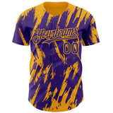 Custom Purple Gold 3D Pattern Design Splatter Torn Sharp Brush Stroke Authentic Baseball Jersey