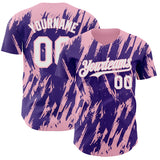 Custom Purple White-Light Pink 3D Pattern Design Splatter Torn Sharp Brush Stroke Authentic Baseball Jersey
