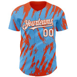 Custom Sky Blue White-Orange 3D Pattern Design Splatter Torn Sharp Brush Stroke Authentic Baseball Jersey