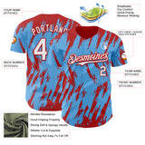 Custom Sky Blue White-Red 3D Pattern Design Splatter Torn Sharp Brush Stroke Authentic Baseball Jersey