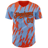 Custom Light Blue Orange-Black 3D Pattern Design Splatter Torn Sharp Brush Stroke Authentic Baseball Jersey