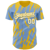 Custom Light Blue White-Yellow 3D Pattern Design Splatter Torn Sharp Brush Stroke Authentic Baseball Jersey