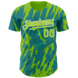Custom Teal Neon Green-White 3D Pattern Design Splatter Torn Sharp Brush Stroke Authentic Baseball Jersey