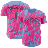 Custom Pink Black-Light Blue 3D Pattern Design Splatter Torn Sharp Brush Stroke Authentic Baseball Jersey