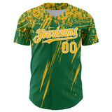 Custom Kelly Green Gold-White Distressed Scratch Brush Stroke Authentic Baseball Jersey