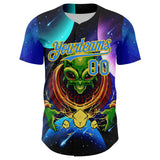 Custom Navy Electric Blue-Yellow 3D Pattern Design Alien UFO Space Galaxy Authentic Baseball Jersey