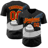 Custom Black Red-Gold 3D Pattern Design Alien UFO Saucer Authentic Baseball Jersey