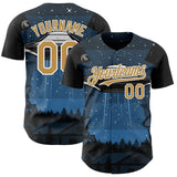 Custom Blue Old Gold Black-White 3D Pattern Design Alien UFO Galaxy Authentic Baseball Jersey